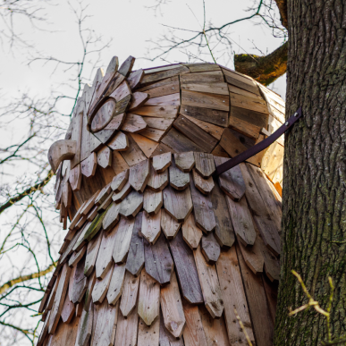 Træskulptur af ugle i Fuglsang